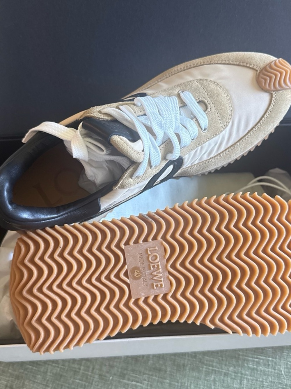 Loewe Beige, Black & White Lace-Up Sneakers with Gum Sole